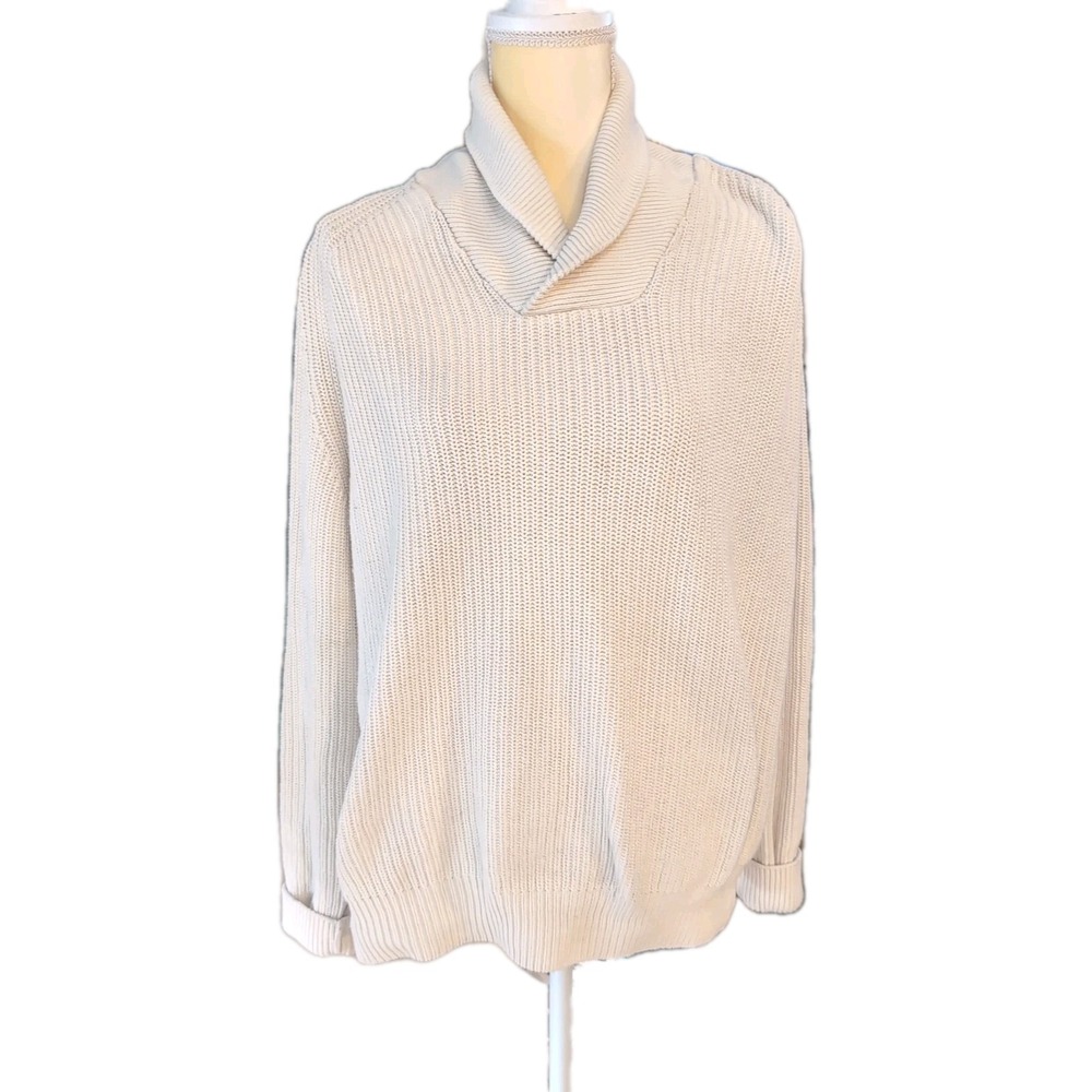 H&M Label of Grand Goods Women's Beige Cable Knit Sweater  XL V Neck 100% Cotton